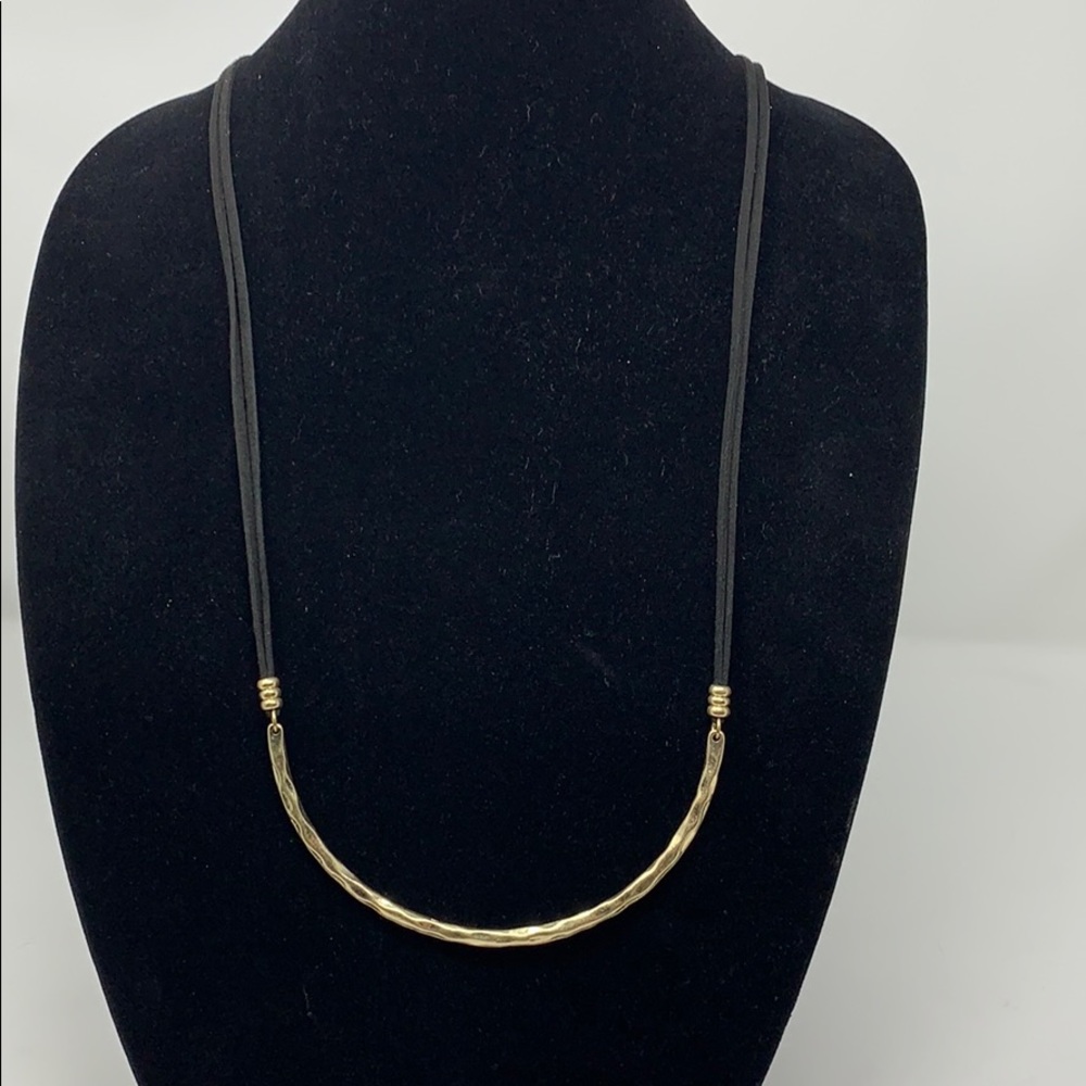 Pomina Long Black Leather and Gold Tone Necklace